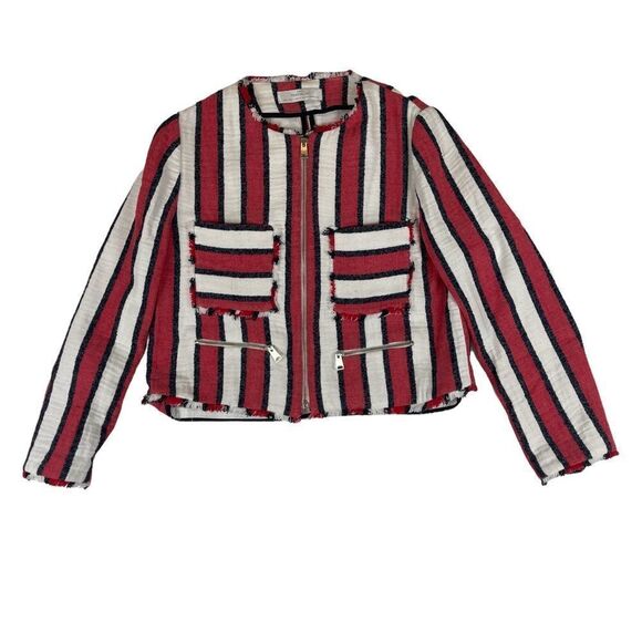 Zara Trafaluc Jacket Cropped Red/White Full Zip Woven Collarless Women's Large - Picture 1 of 7